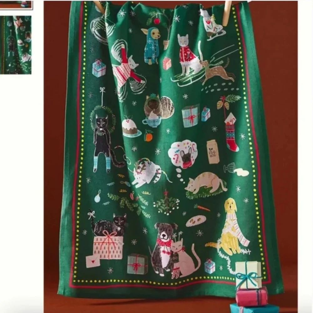 Festive Friends Cat Dog Animal Christmas Holiday Chic Farm Boho Dish Towel